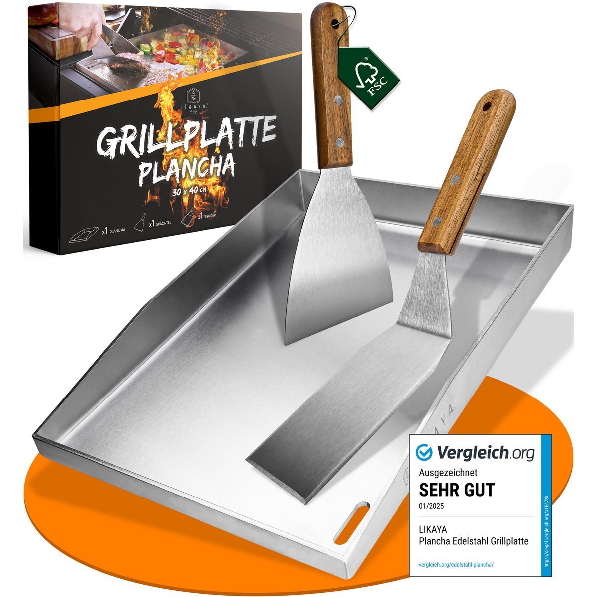 Grillplatte/Plancha [30 x 40 x 4cm] inkl. 2x Grillspachteln Size: 30 x 40cm,Loch für fettablauf: mit Loch
