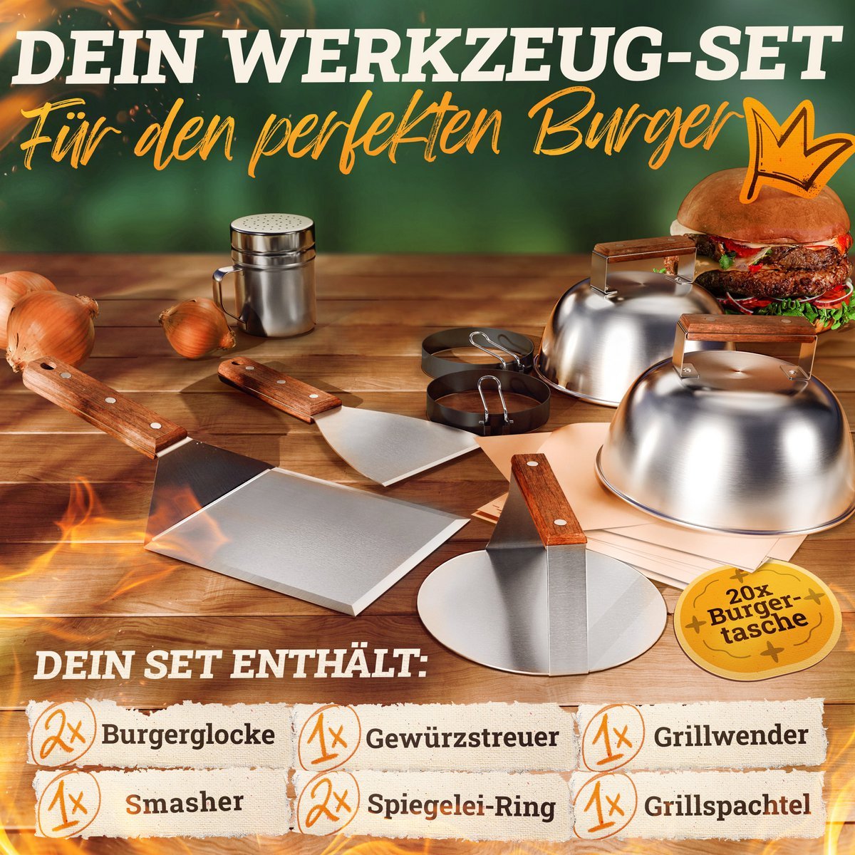 Smash Burger Master-Set XXL [9-TLG.] Edelstahl mit Akazienholz-Griffen für Plancha, Grillplatte, Gasgrill & Feuerplatte