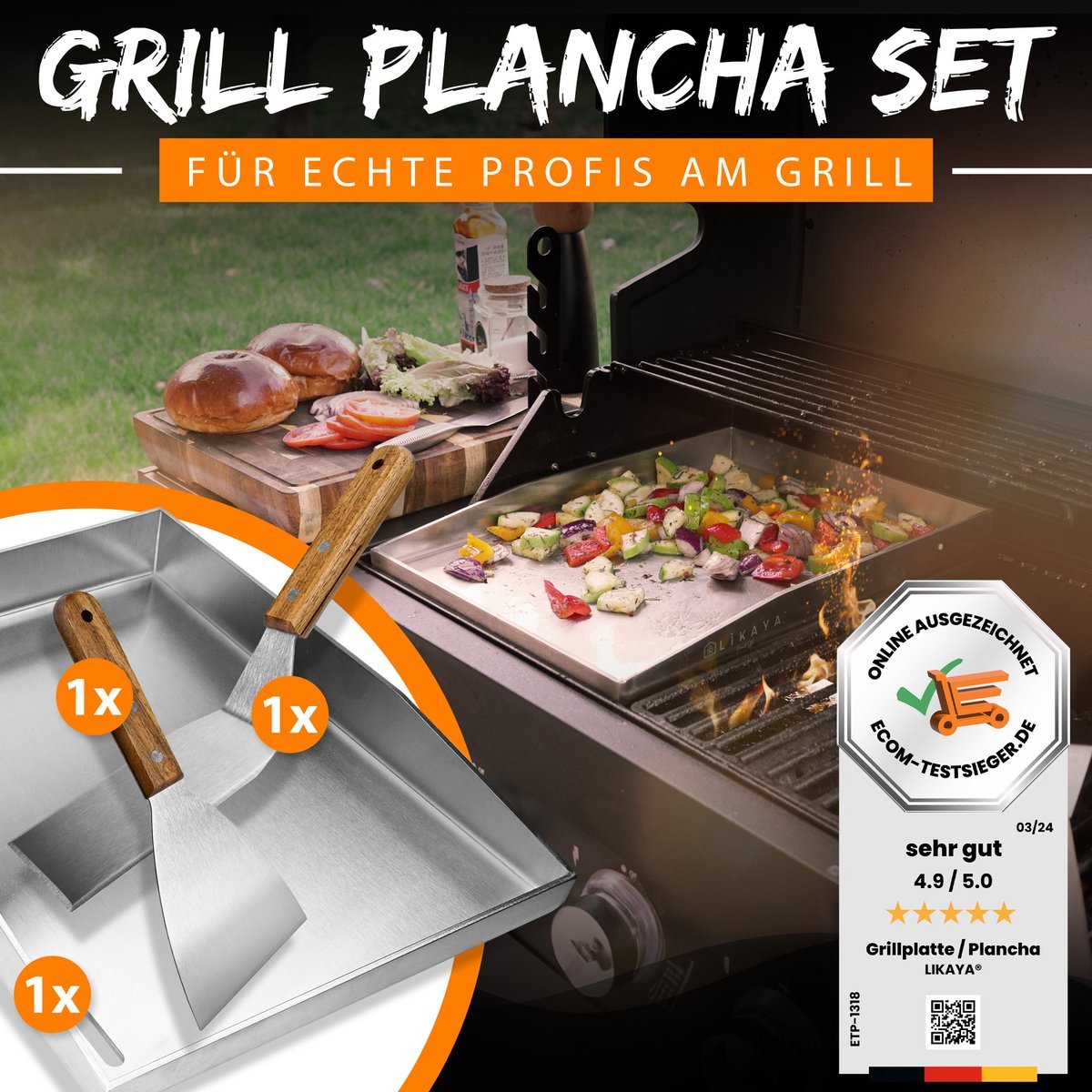 Grillplatte/Plancha [30 x 40 x 4cm] inkl. 2x Grillspachteln Size: 30 x 40cm,Loch für fettablauf: mit Loch
