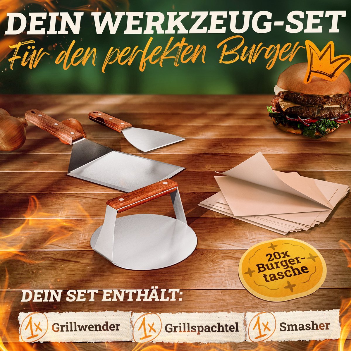 Burger Smasher & Grillspachtel Set [4-TLG.] Edelstahl mit Akazienholz-Griff für Plancha, Grillplatte, Gasgrill & Feuerplatte