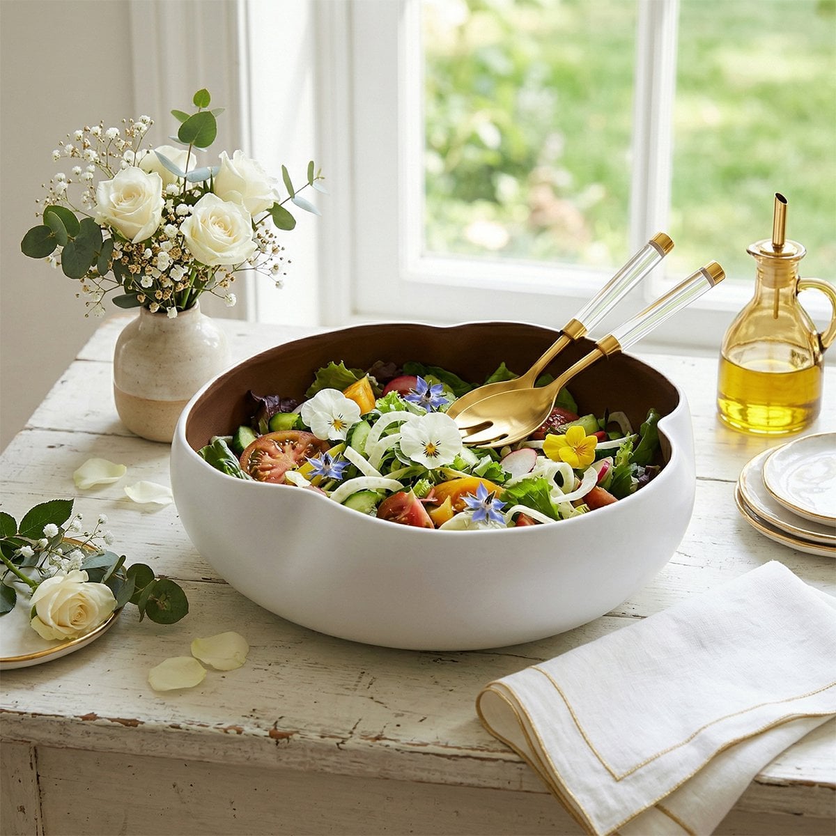 Weiß und goldene Keramikschale 34x34x10 cm